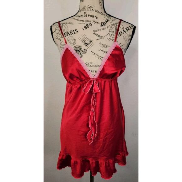 Victorias Secret Angels RED Babydoll Mini Dress S Bow Lace Trim Milkmaid Fairy - Picture 2 of 11